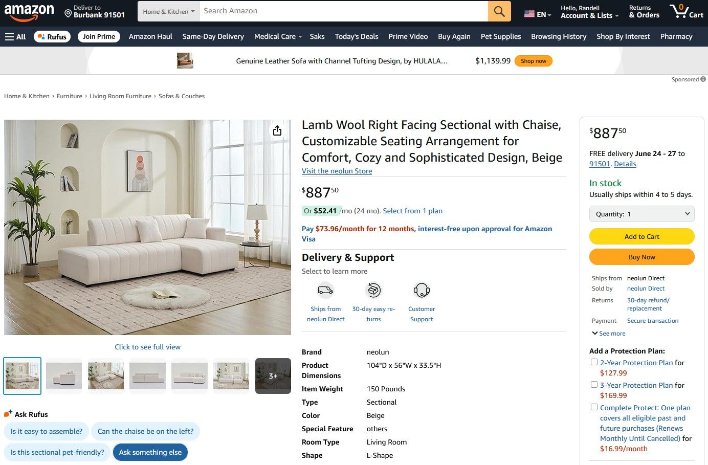 Jessica - Lamb Wool Sectional Sofa With Chaise, Versatile Configuration
