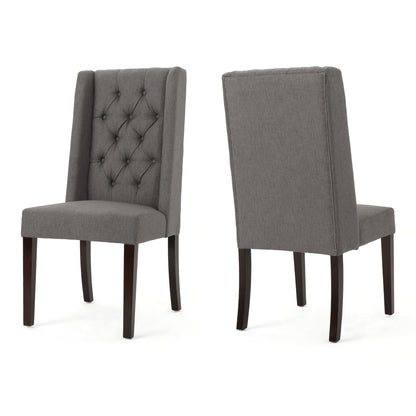 The Sophisticated Tufted Dining Chair With High Back Design features gray upholstery, button-tufted high backs, and dark wooden legs, displayed from front and back against a white background in a set of two.