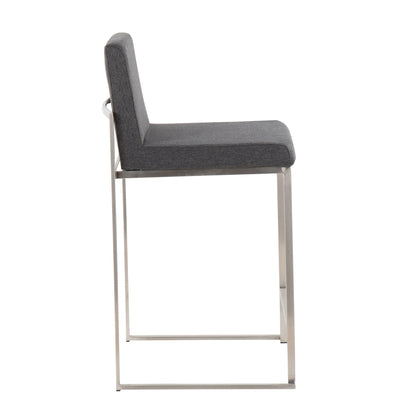 Side view of the Fuji - Contemporary High Back Counter Stool featuring a cushioned dark gray seat and backrest, supported by a sleek metal frame with a rectangular base for functional design.