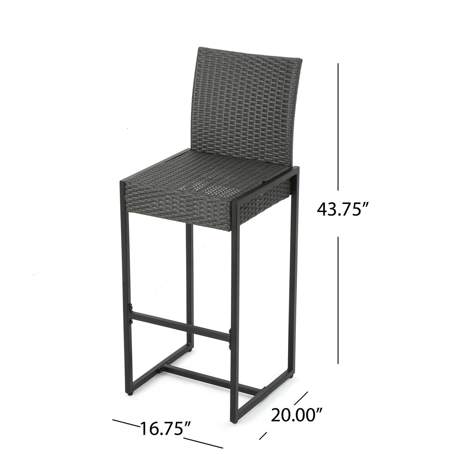 The Outdoor Barstool With Hand Crafted Details (Set of 2) features a woven seat and backrest on a black metal frame, measuring 43.75" H x 20" D x 16.75" W—perfect for stylish outdoor seating.