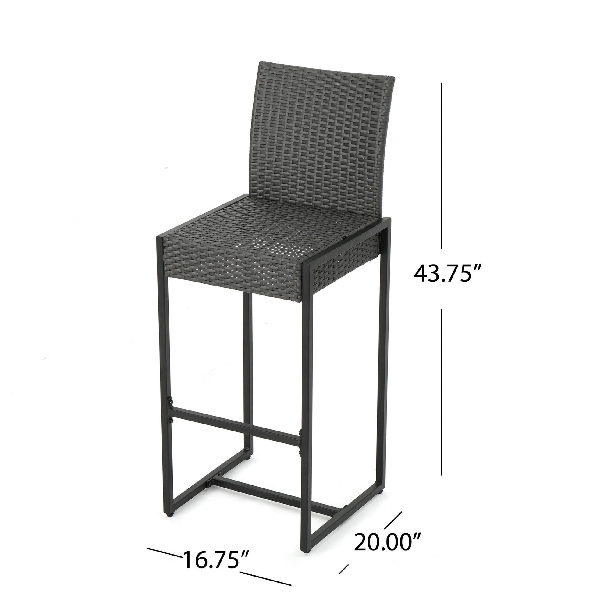 The Outdoor Barstool With Hand Crafted Details (Set of 2) features a woven seat and backrest on a black metal frame, measuring 43.75" H x 20" D x 16.75" W—perfect for stylish outdoor seating.