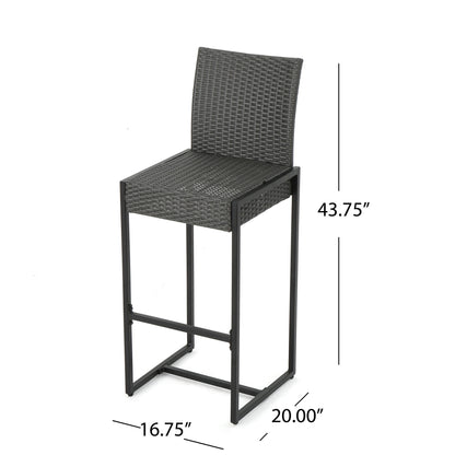 The Outdoor Barstool With Hand Crafted Details (Set of 2) features a woven seat and backrest on a black metal frame, measuring 43.75" H x 20" D x 16.75" W—perfect for stylish outdoor seating.