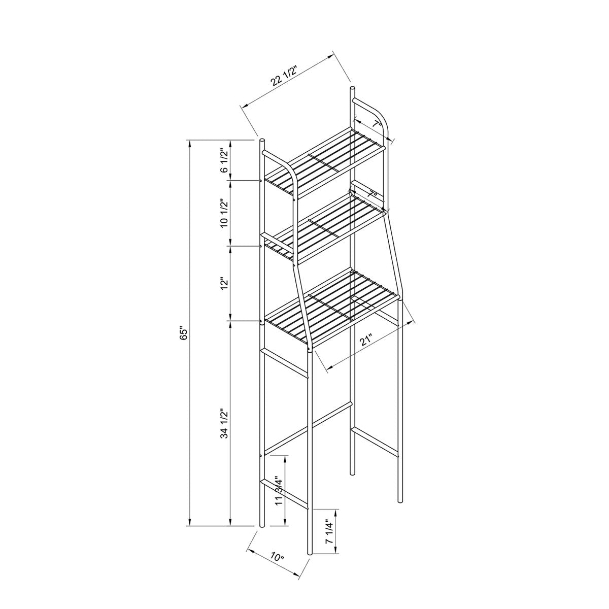 Line drawing of the Three Tier Over The Toilet Storage Shelf - Wood, measuring 65" tall, 22" wide, and 10" deep with shelves at 12", 34.5", and 10.5" from the floor.