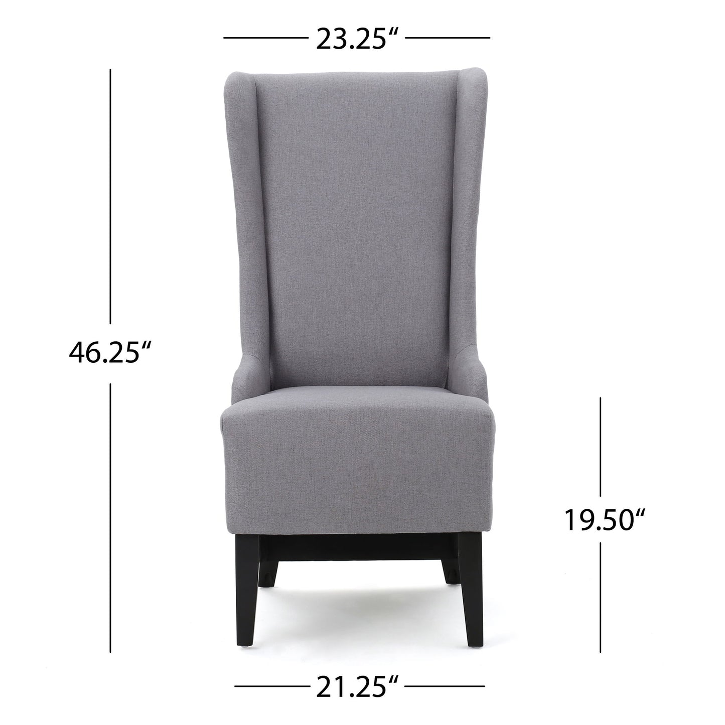 Front view of the Alight Upholstered Dining Chair with high back and birch wood legs in gray. Shown: 23.25"W (top), 46.25"H, seat height 19.5", and 21.25"W (base). Sold as a set of 2 chairs.