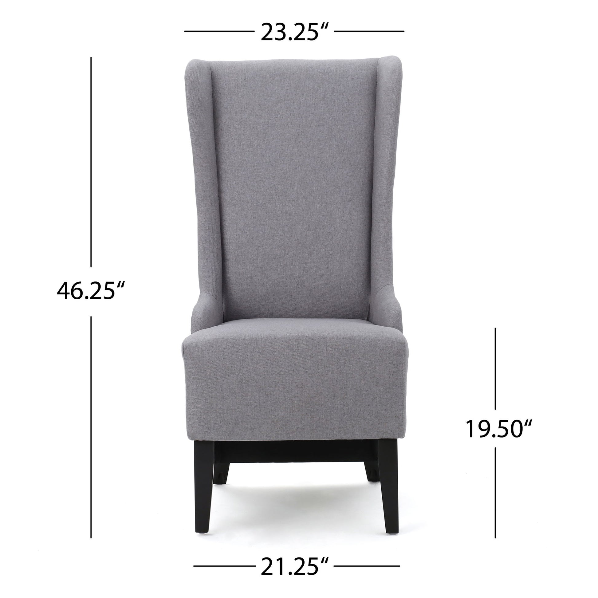 Front view of the Alight Upholstered Dining Chair with high back and birch wood legs in gray. Shown: 23.25"W (top), 46.25"H, seat height 19.5", and 21.25"W (base). Sold as a set of 2 chairs.