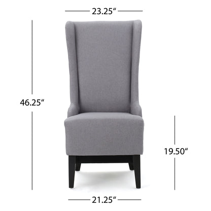 Front view of the Alight Upholstered Dining Chair with high back and birch wood legs in gray. Shown: 23.25"W (top), 46.25"H, seat height 19.5", and 21.25"W (base). Sold as a set of 2 chairs.