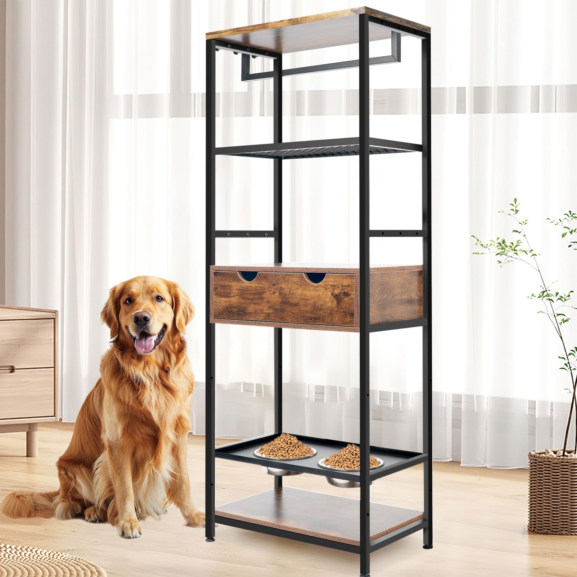 A golden retriever sits indoors beside the Dog Feeding Station with 3 height adjustable raised bowls, black/dark brown shelves, storage, and a drawer. The room features light curtains, wooden flooring, and a potted plant.