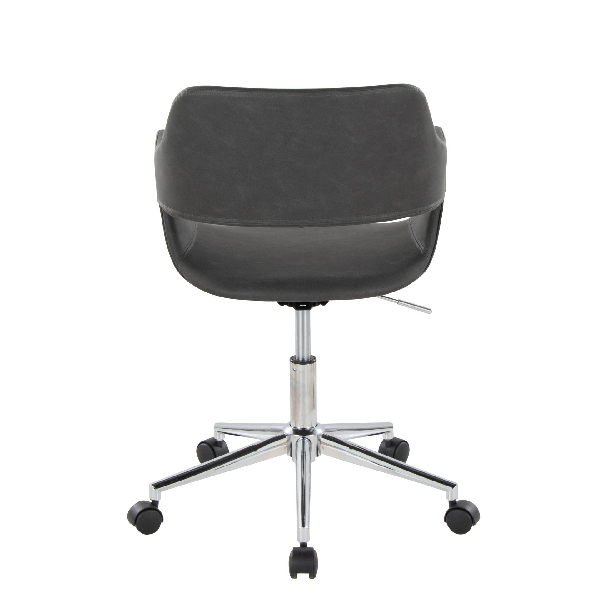 The Margarite - Contemporary Office Task Chair features a black curved backrest, chrome base with five wheels, and an adjustable height lever on the right side, as shown from behind.