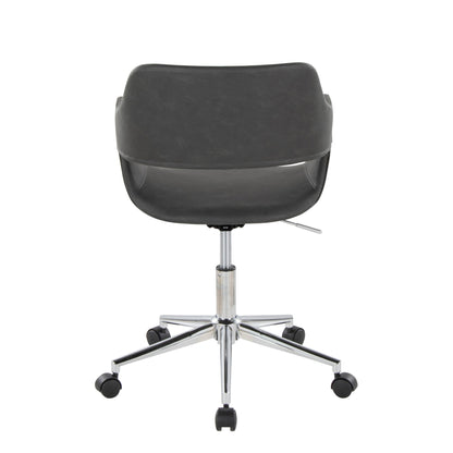 The Margarite - Contemporary Office Task Chair features a black curved backrest, chrome base with five wheels, and an adjustable height lever on the right side, as shown from behind.