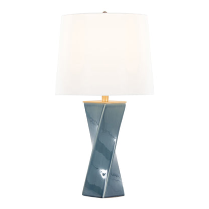 The Curvo - Square Contemporary Table Lamp features a glossy, twisted blue ceramic base and a large white fabric shade, shown against a plain white background.