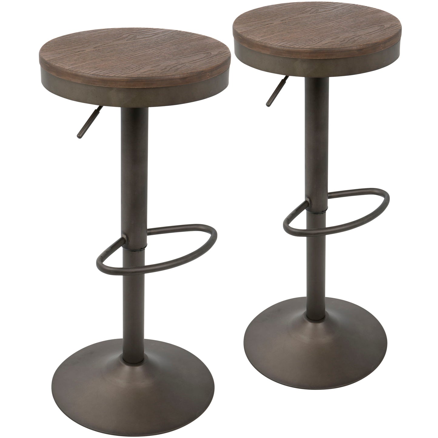 The Dakota Industrial Design Adjustable Barstool Set of 2 features round wooden seats, metal bases, built-in footrests, adjustable height levers, and a sleek industrial look in dark brown and black.