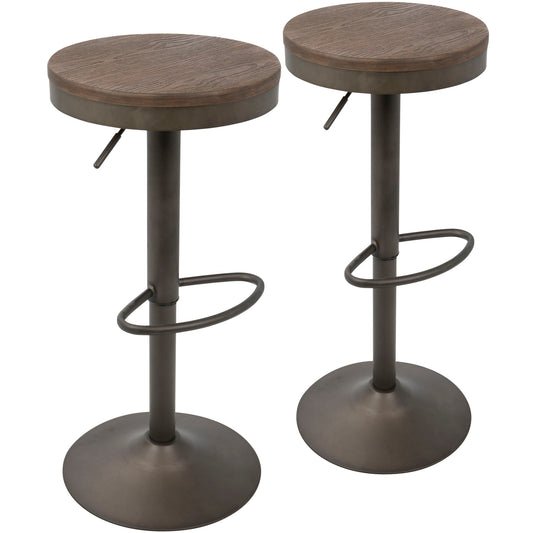 The Dakota Industrial Design Adjustable Barstool Set of 2 features round wooden seats, metal bases, built-in footrests, adjustable height levers, and a sleek industrial look in dark brown and black.