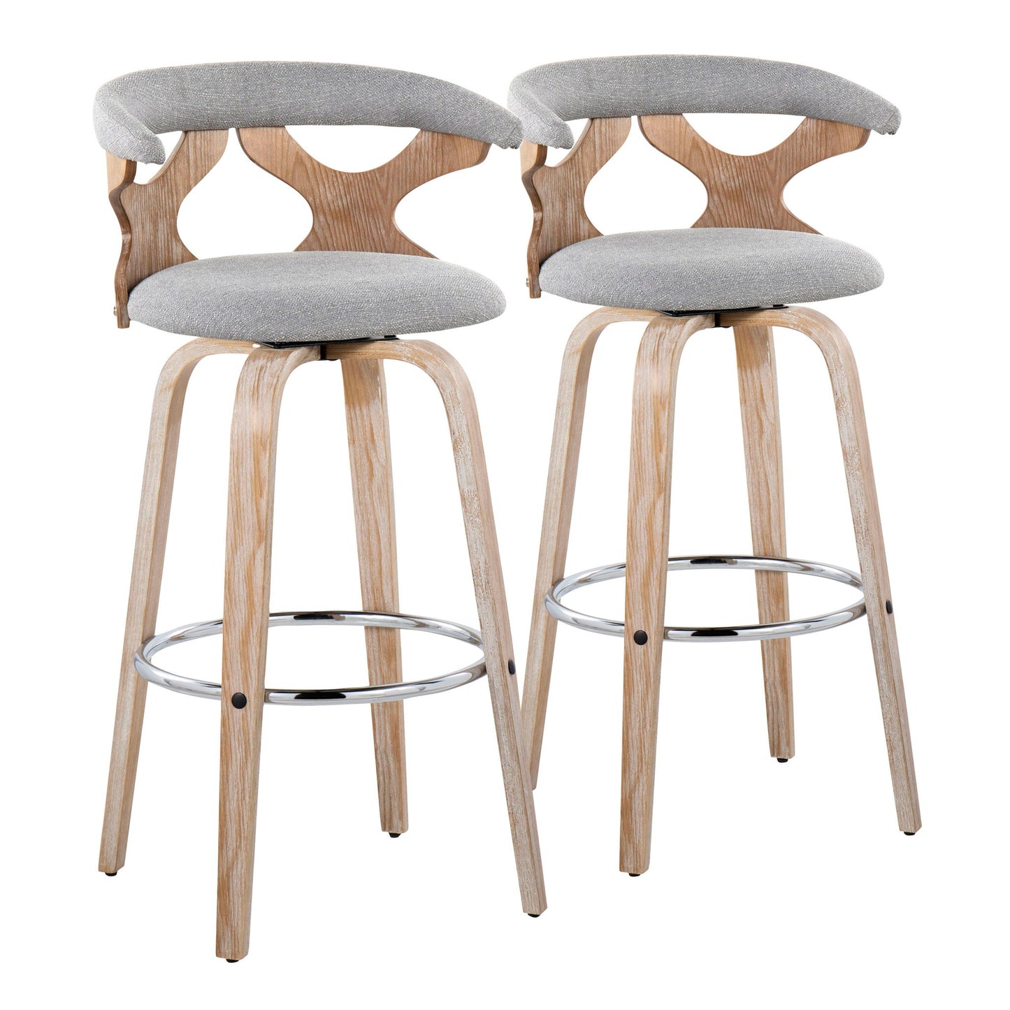 The Gardenia - Contemporary Fixed Height Barstool With Swivel With Round Footrest (Set of 2) features light wood frames, curved backs with geometric cutouts, padded gray fabric seats, and chrome footrests for a stylish modern look.