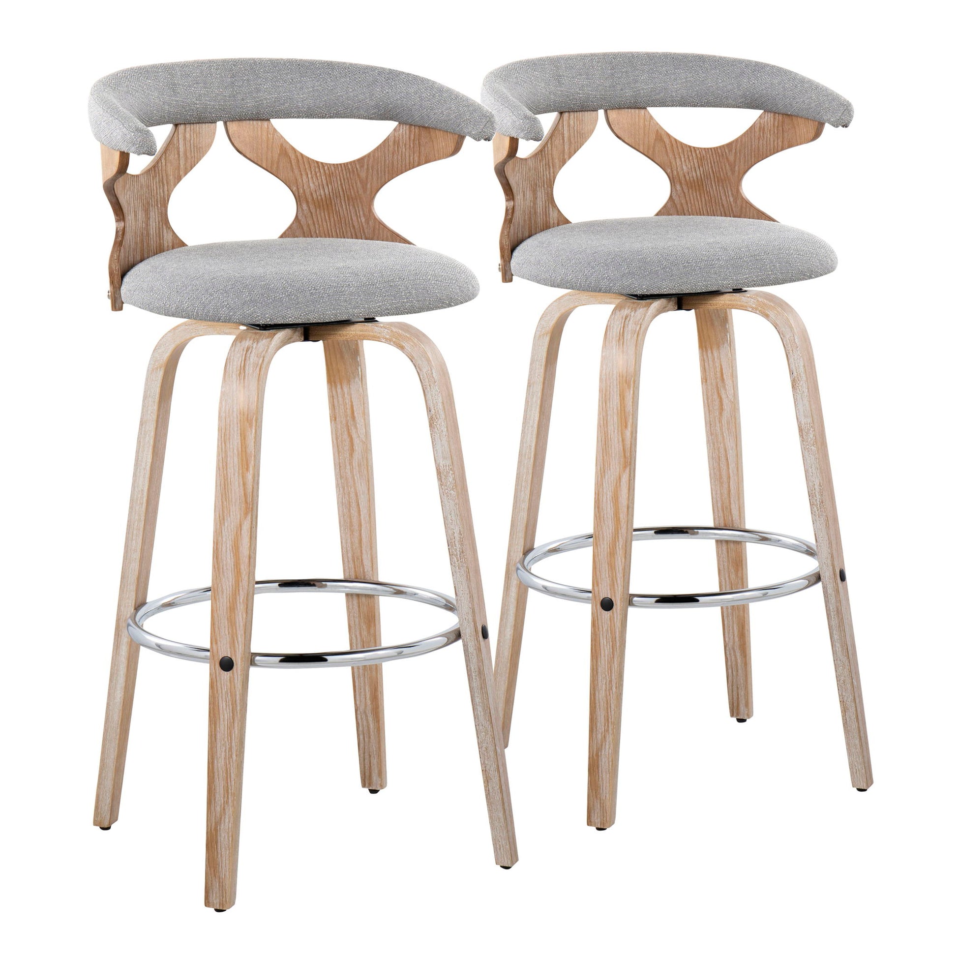 The Gardenia - Contemporary Fixed Height Barstool With Swivel With Round Footrest (Set of 2) features light wood frames, curved backs with geometric cutouts, padded gray fabric seats, and chrome footrests for a stylish modern look.