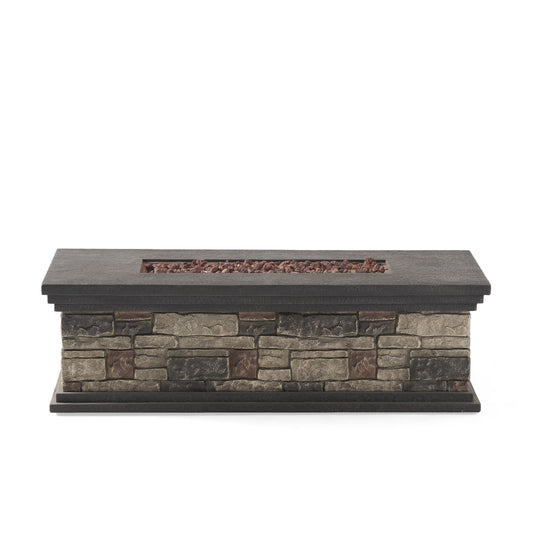 A rectangular fire pit with a lightweight concrete and steel frame, featuring a flat dark top and a recessed center filled with reddish-brown lava rocks.