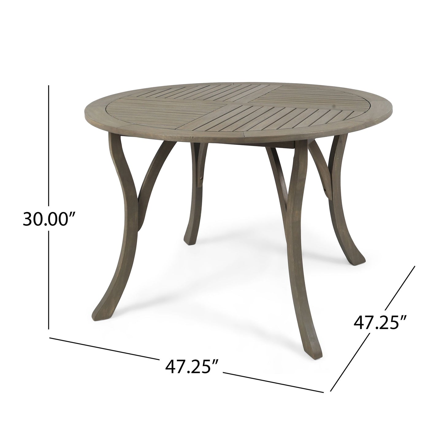 The Hermosa Outdoor Acacia Wood Table features a circular slatted top and four curved legs, measuring 47.25" in diameter and 30" high.