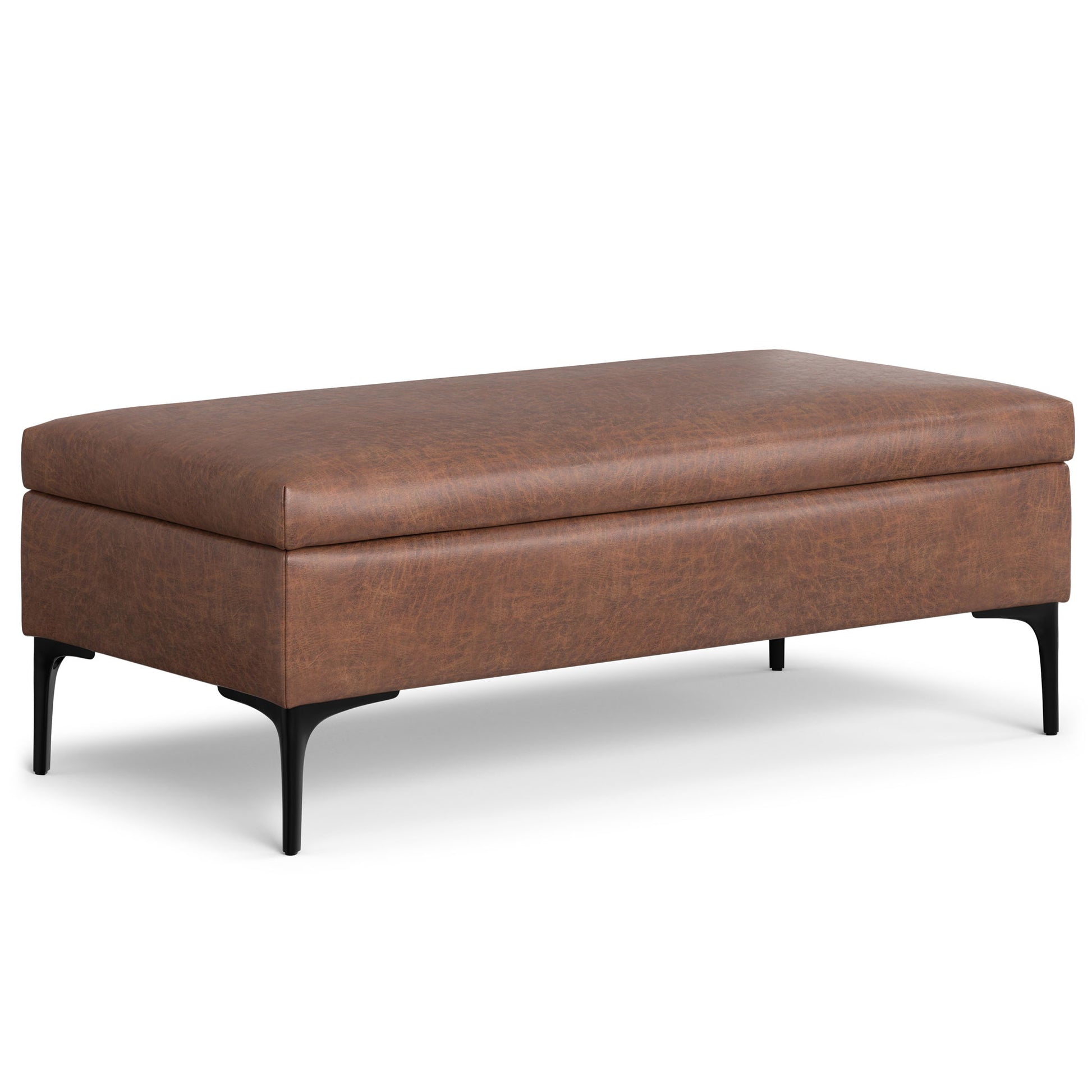 The Rebecca Multifunctional Coffee Table Storage Ottoman features a rectangular brown leather design with a cushioned top, black metal legs, modern minimalist style, and a lift-up lid for storage.