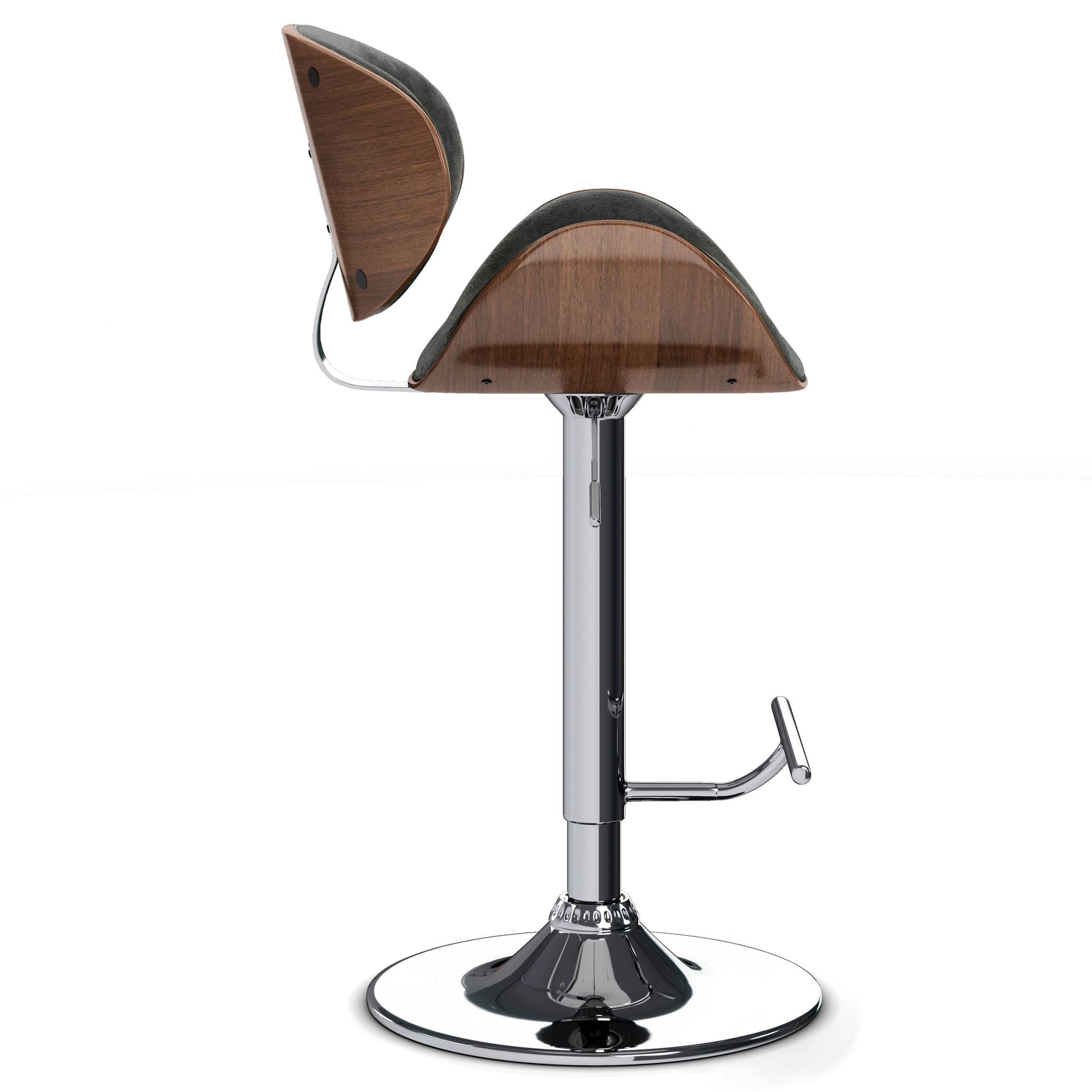 The Marana Multifunctional Handcrafted Bentwood Adjustable Swivel Bar Stool features a curved wooden backrest, gray cushioned seat, and chrome pedestal base with footrest, shown against a white background.