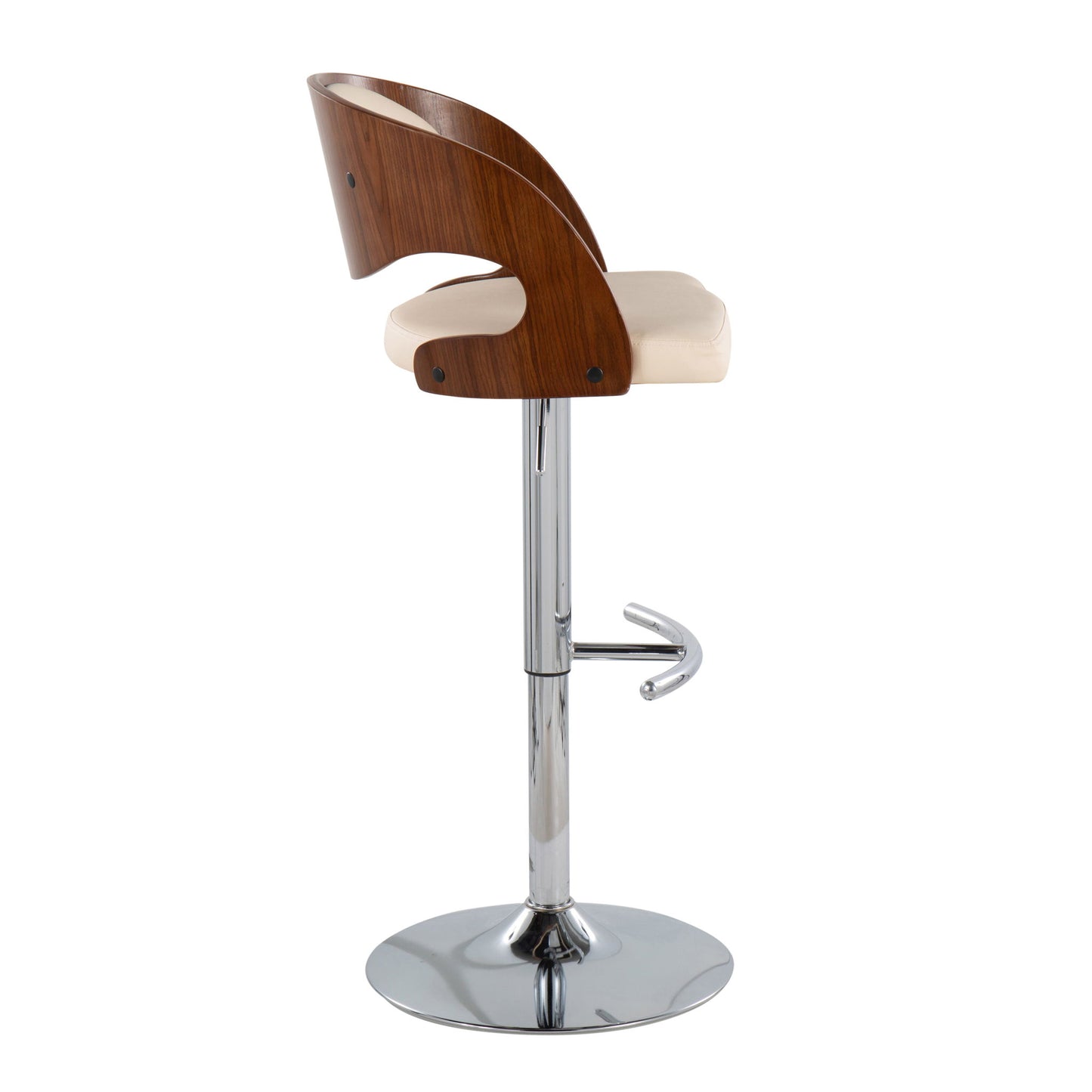 Side view of the Pino - Mid Century Modern Adjustable Barstool With Swivel, featuring a round chrome base, adjustable metal stem with footrest, curved wooden backrest, and cushioned beige seat.