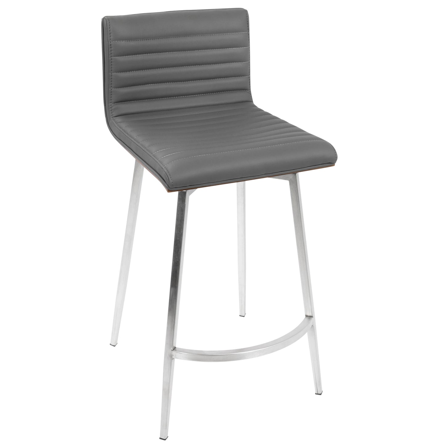 The Mason - Contemporary Swivel Counter Stool (Set of 2) features a gray ribbed upholstered seat and backrest, supported by four slender metal legs with a connecting footrest bar for added comfort and modern style.