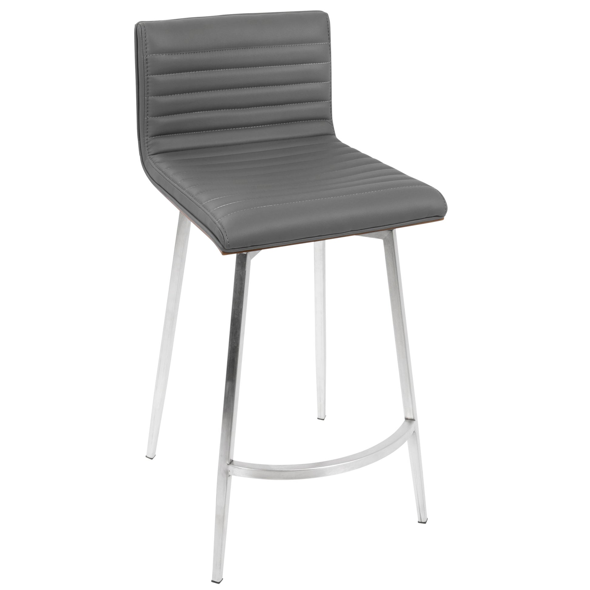 The Mason - Contemporary Swivel Counter Stool (Set of 2) features a gray ribbed upholstered seat and backrest, supported by four slender metal legs with a connecting footrest bar for added comfort and modern style.
