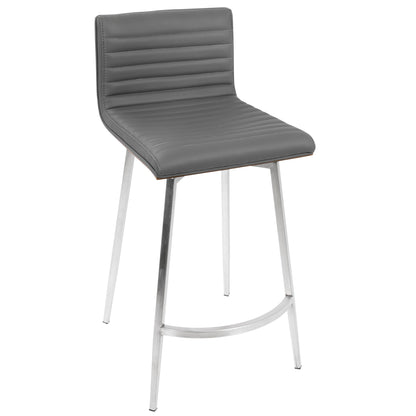 The Mason - Contemporary Swivel Counter Stool (Set of 2) features a gray ribbed upholstered seat and backrest, supported by four slender metal legs with a connecting footrest bar for added comfort and modern style.