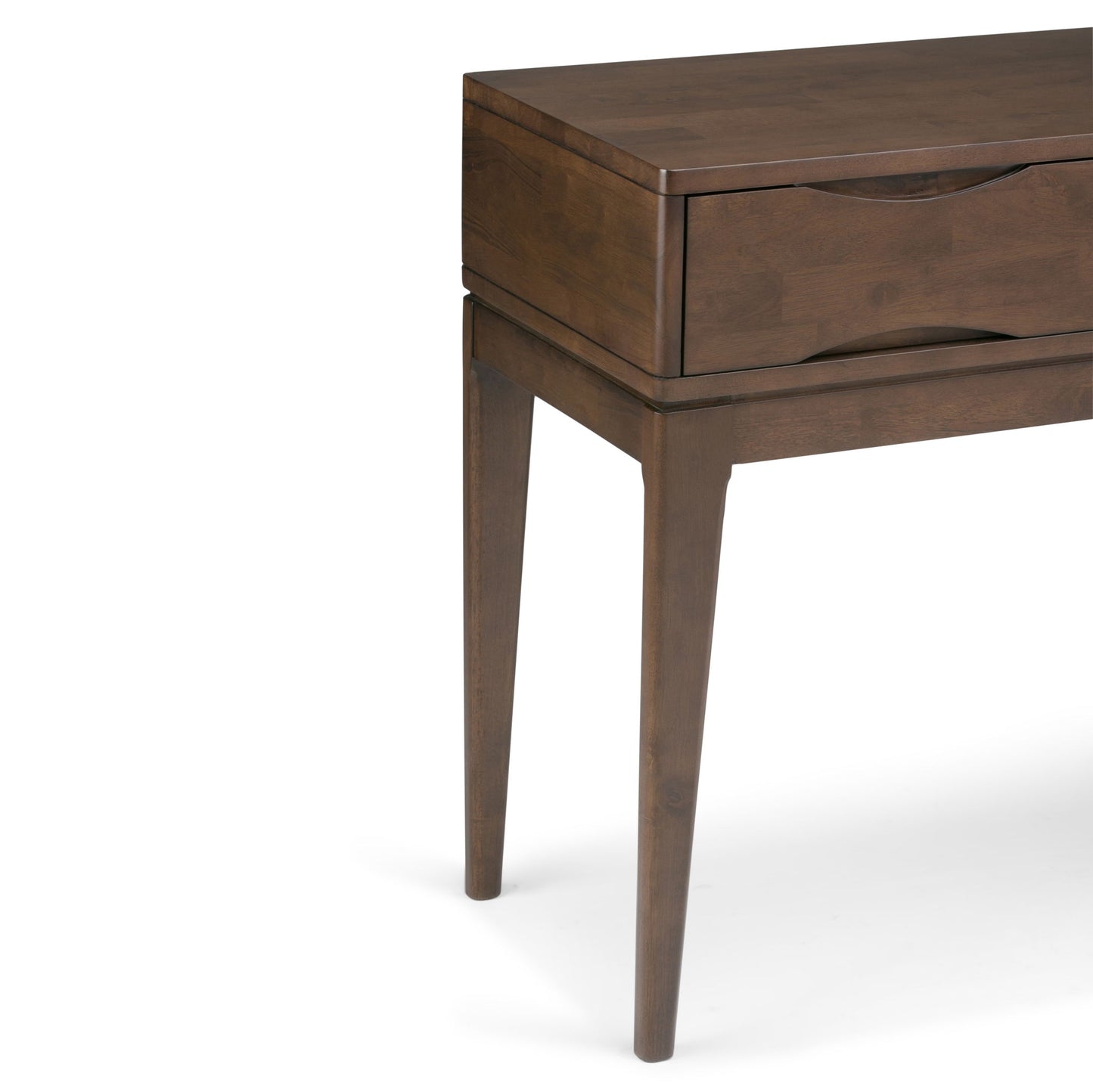 A close-up of the Harper - Handcrafted Console Sofa Table shows its dark brown finish, tapered legs, and a visible drawer with a subtle curved handle for modern style.