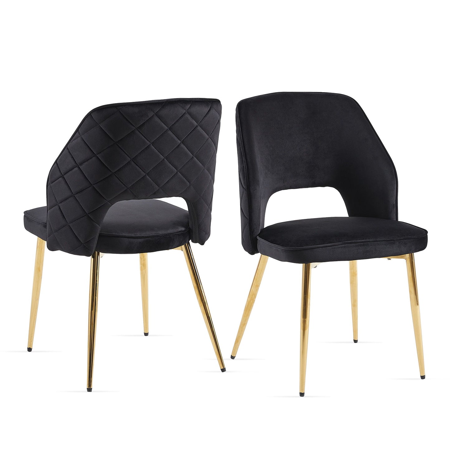 Set of two Velvet Dining Chairs With Metal Legs And Hollow Back, featuring black quilted upholstery, open lower back design, and gold metal legs. Chairs are shown from front and back on a white background.
