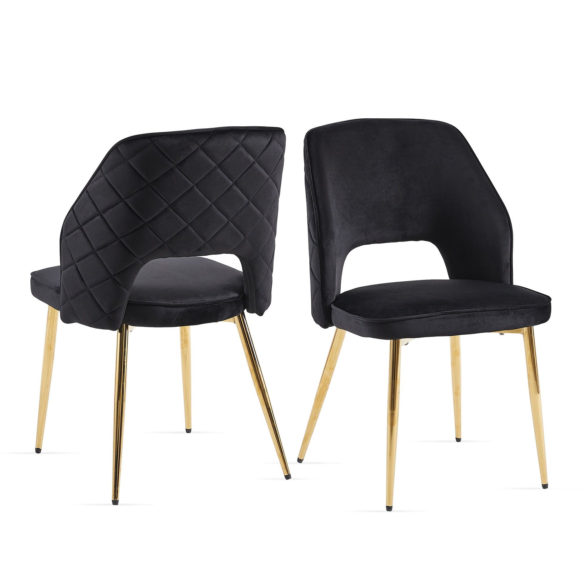 Set of two Velvet Dining Chairs With Metal Legs And Hollow Back, featuring black quilted upholstery, open lower back design, and gold metal legs. Chairs are shown from front and back on a white background.