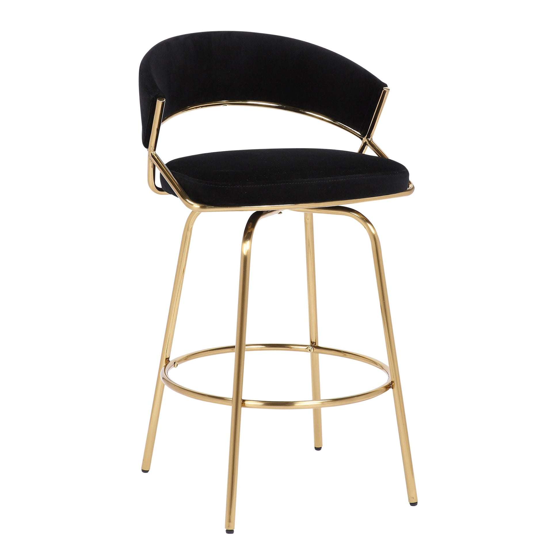 The Jie - Glam Fixed Height Counter Stool (Set of 2) features a sleek gold metal frame, curved back support, circular footrest, and modern black cushioned seat and backrest.