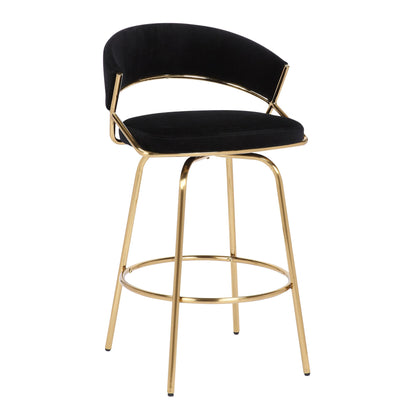 The Jie - Glam Fixed Height Counter Stool (Set of 2) features a sleek gold metal frame, curved back support, circular footrest, and modern black cushioned seat and backrest.