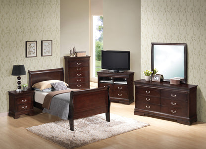 A tidy bedroom featuring a Panel Sleigh Bed, matching dark wood nightstand, dresser with mirror, chest of drawers, TV stand, lamp, TV, framed art on patterned wallpaper, and a sunlit window.