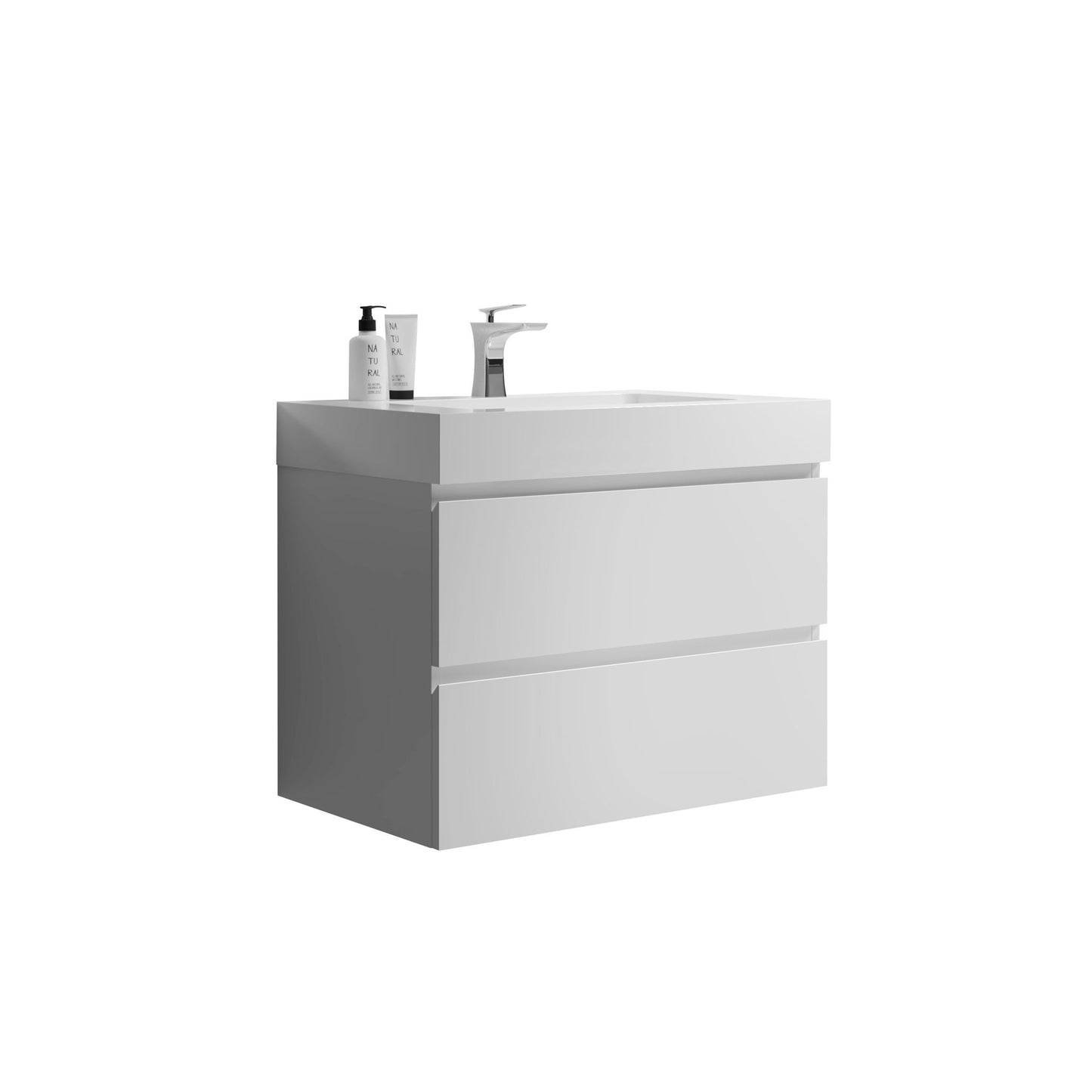 The Alice Bathroom Vanity is a modern wall-mounted, floating unit with large storage and a one-piece rectangular sink basin (no drain or faucet included), shown in white against a plain background.