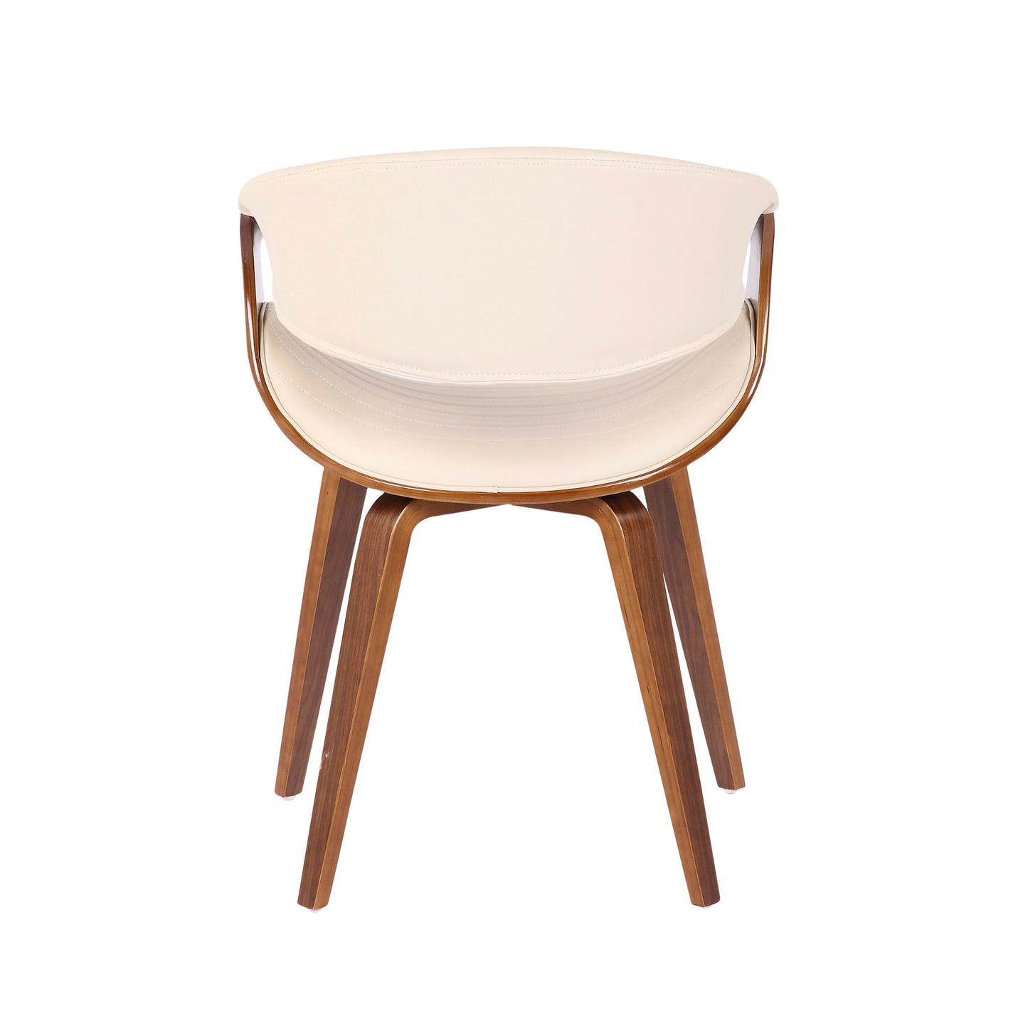 The Symphony - Mid Century Modern Dining Chair features a curved, light backrest and seat with wooden legs and frame, shown from the back on a white background.