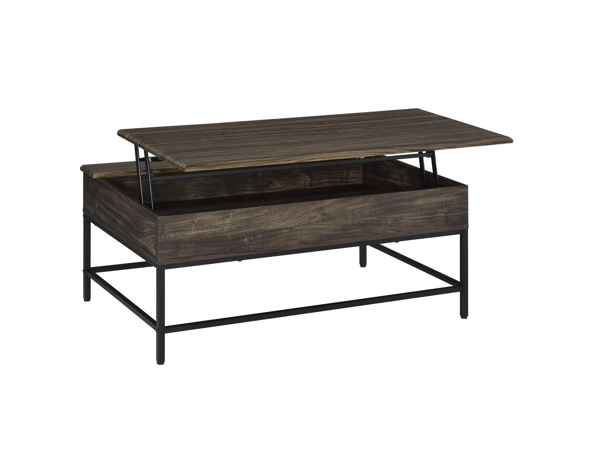 The Cliff - Lift Top Coffee And End Table features a rectangular wooden design with a dark finish, black metal legs, and a convenient lift-top that reveals hidden storage inside.