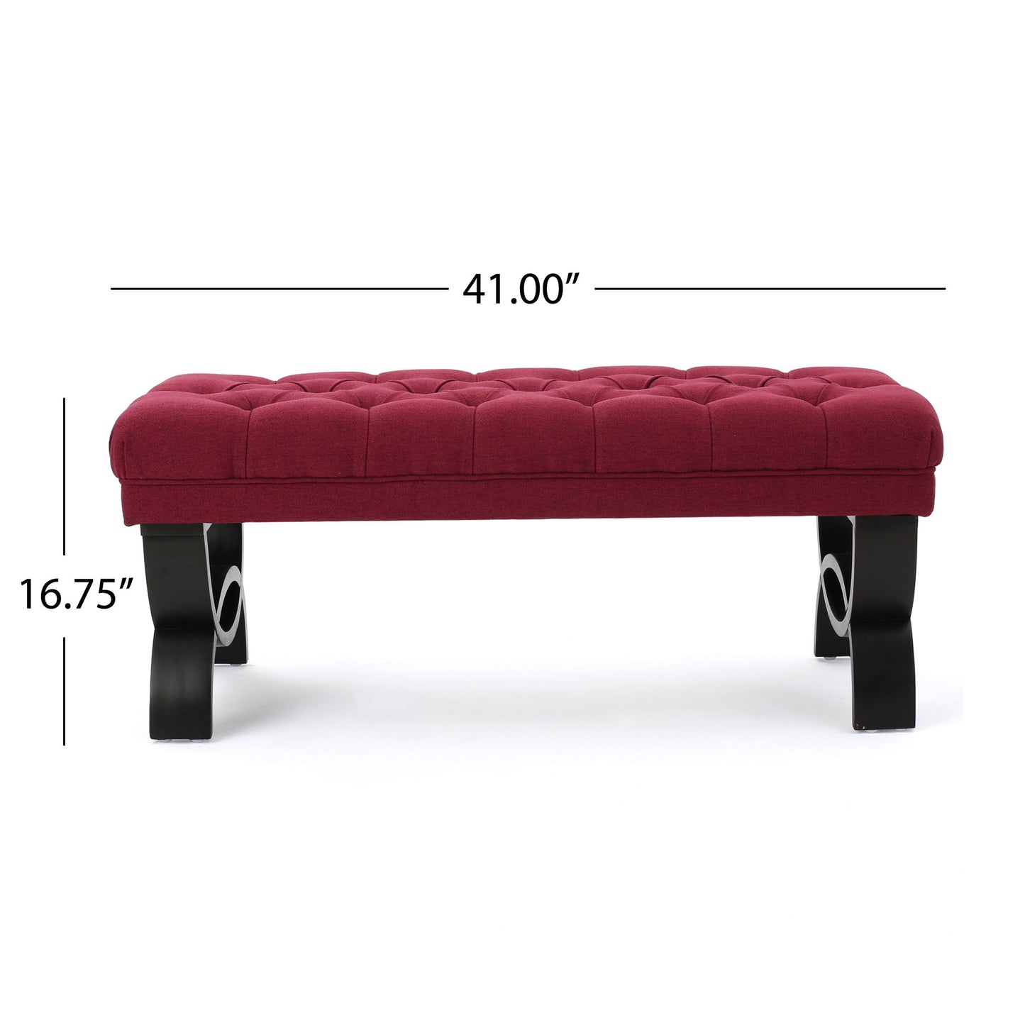 The Hilton - Ottoman Bench Classic Style features red tufted upholstery, black curved legs, and measures 41" wide by 16.75" tall, shown against a white background.