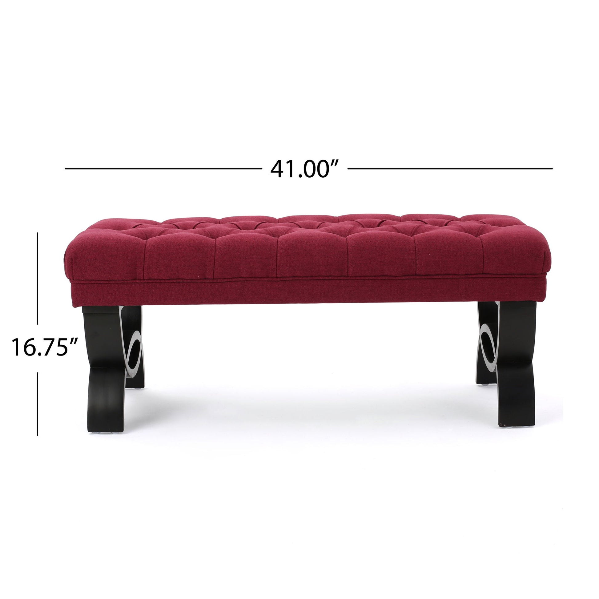 The Hilton - Ottoman Bench Classic Style features red tufted upholstery, black curved legs, and measures 41" wide by 16.75" tall, shown against a white background.