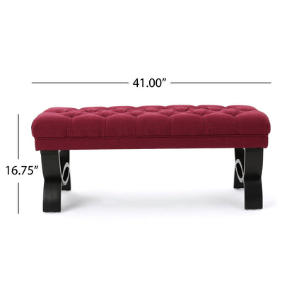 The Hilton - Ottoman Bench Classic Style features red tufted upholstery, black curved legs, and measures 41" wide by 16.75" tall, shown against a white background.
