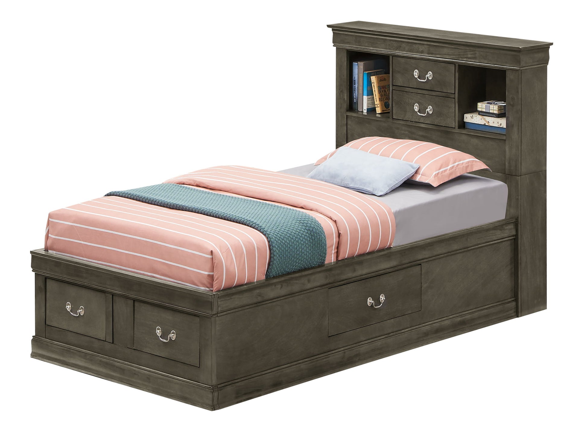 The Louis Phillipe Bookcase Storage Bed is a twin bed with a gray wood frame, built-in underbed drawers, headboard shelves with books and drawers, dressed in pink striped bedding, a gray sheet, and topped with a blue throw.
