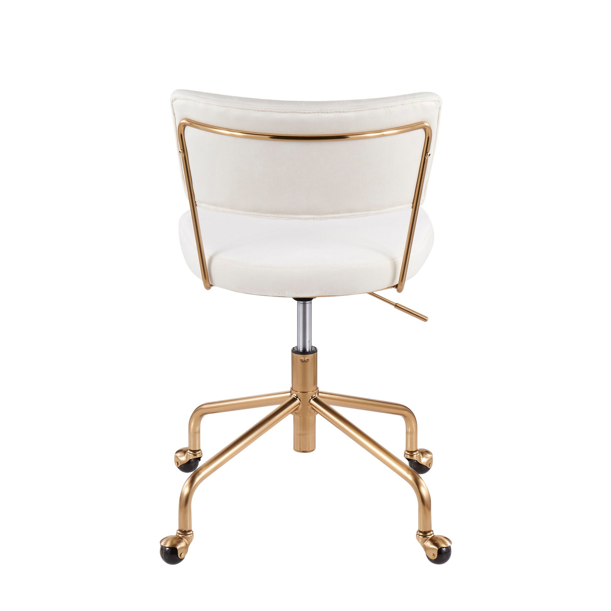 The Tania - Contemporary Task Chair features a white cushioned backrest and seat, supported by a gold metal frame and five-legged base with black caster wheels, shown from the back.