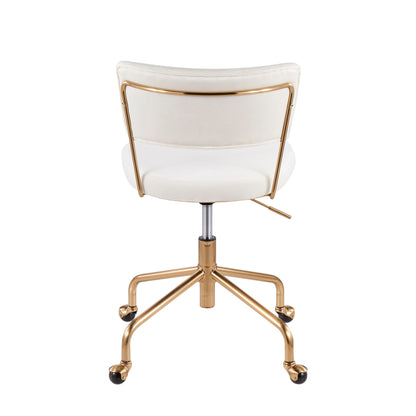 The Tania - Contemporary Task Chair features a white cushioned backrest and seat, supported by a gold metal frame and five-legged base with black caster wheels, shown from the back.