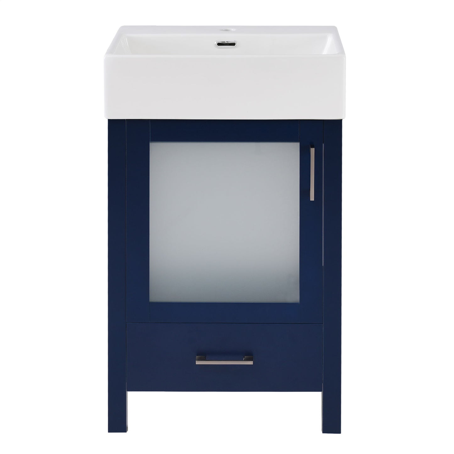 The Bathroom Vanity With Ceramic Sink And Ample Storage features a deep blue frame, frosted glass door with silver handle, and a white ceramic sink—perfect for small bathrooms.