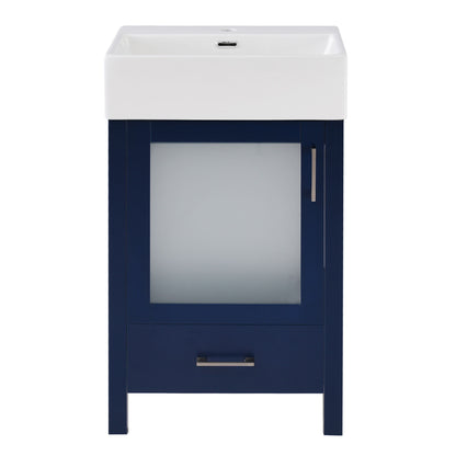 The Bathroom Vanity With Ceramic Sink And Ample Storage features a deep blue frame, frosted glass door with silver handle, and a white ceramic sink—perfect for small bathrooms.