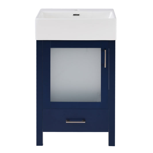 The Bathroom Vanity With Ceramic Sink And Ample Storage features a deep blue frame, frosted glass door with silver handle, and a white ceramic sink—perfect for small bathrooms.