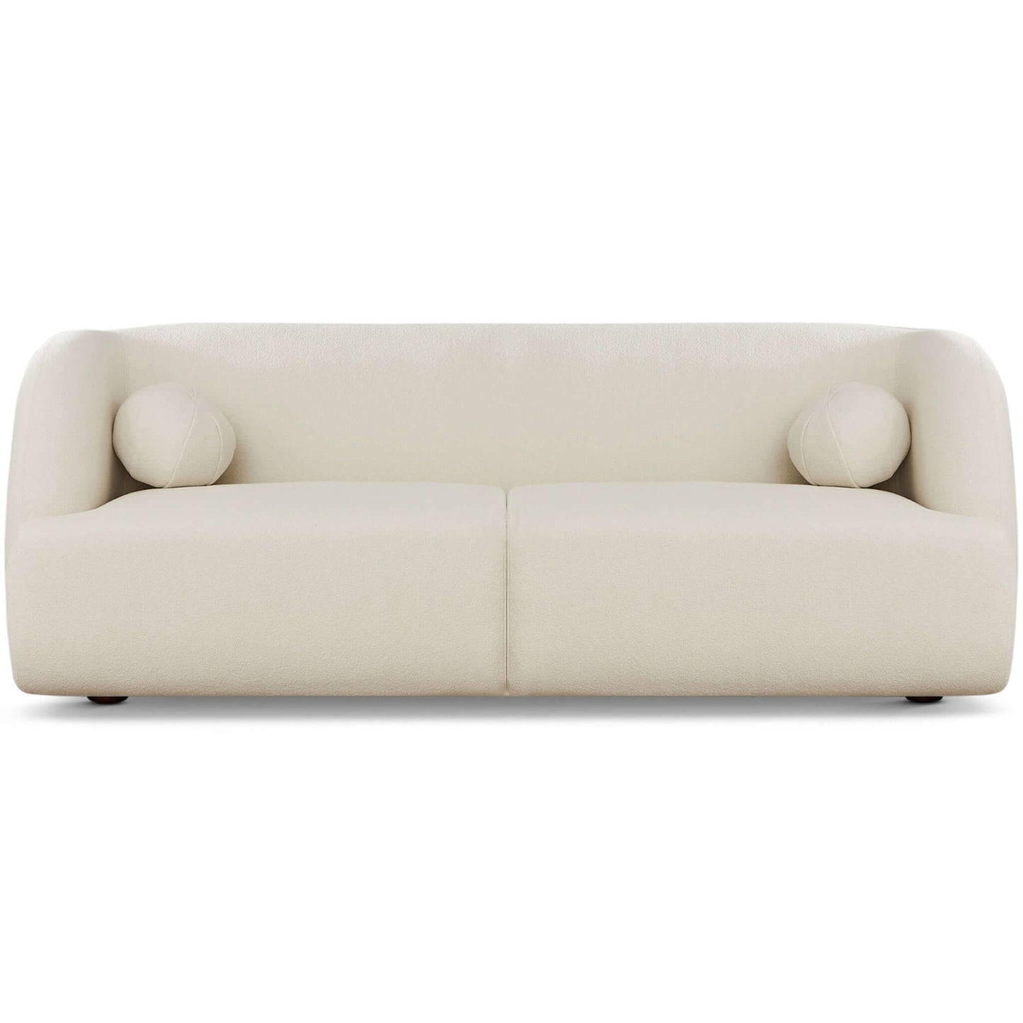 The Anna - French Boucle Sofa is a modern, minimalist cream-colored sofa with rounded edges and two matching cylindrical pillows, shown from the front against a plain white background.