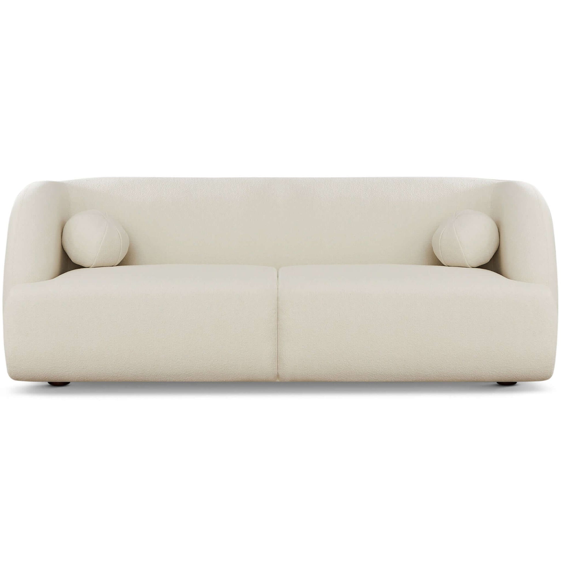 The Anna - French Boucle Sofa is a modern, minimalist cream-colored sofa with rounded edges and two matching cylindrical pillows, shown from the front against a plain white background.