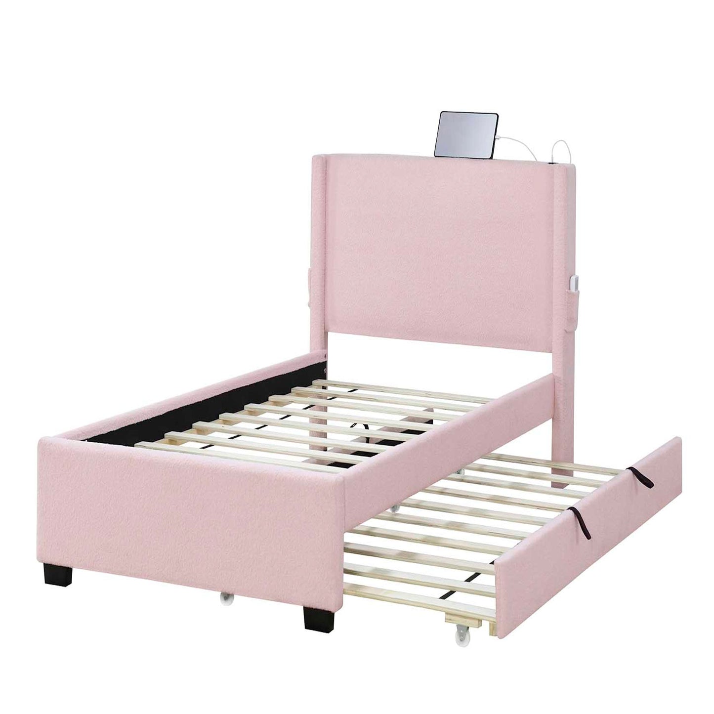 A baby pink twin size upholstered bed frame with trundle, teddy fabric, USB functionality, and a headboard pocket for small item storage.