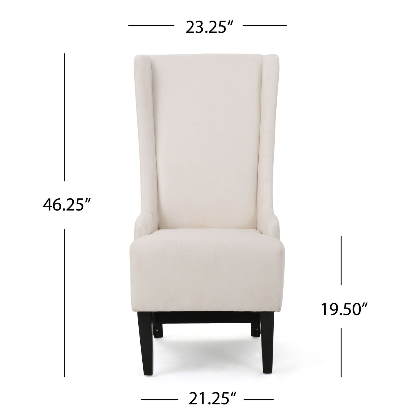 Front view of the Alight Upholstered Dining Chair with cream fabric, high back, and birch wood legs. Dimensions: 46.25" height, 23.25" top width, 21.25" bottom width, and 19.5" seat height. Sold as a set of 2 chairs.