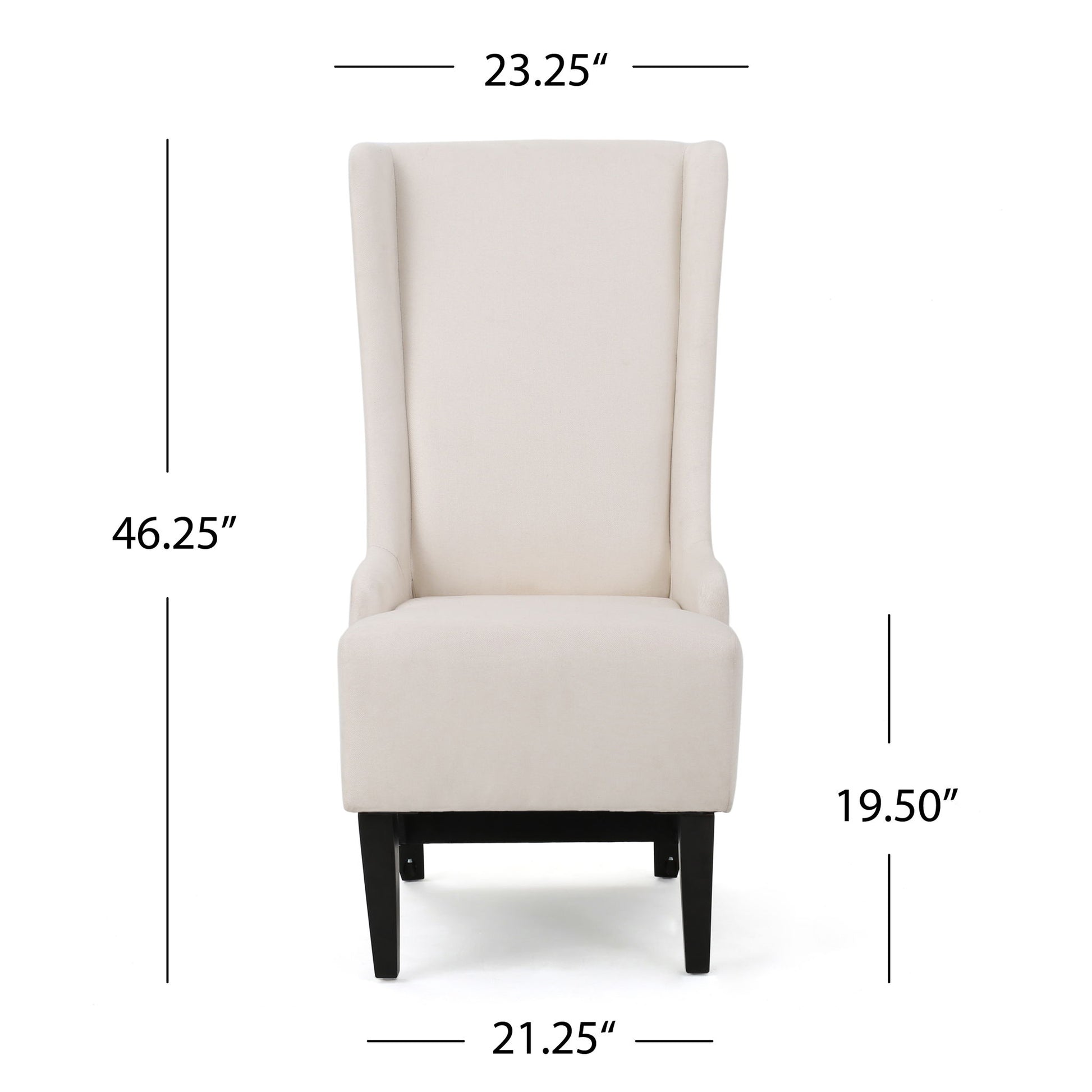 Front view of the Alight Upholstered Dining Chair with cream fabric, high back, and birch wood legs. Dimensions: 46.25" height, 23.25" top width, 21.25" bottom width, and 19.5" seat height. Sold as a set of 2 chairs.