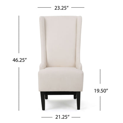 Front view of the Alight Upholstered Dining Chair with cream fabric, high back, and birch wood legs. Dimensions: 46.25" height, 23.25" top width, 21.25" bottom width, and 19.5" seat height. Sold as a set of 2 chairs.